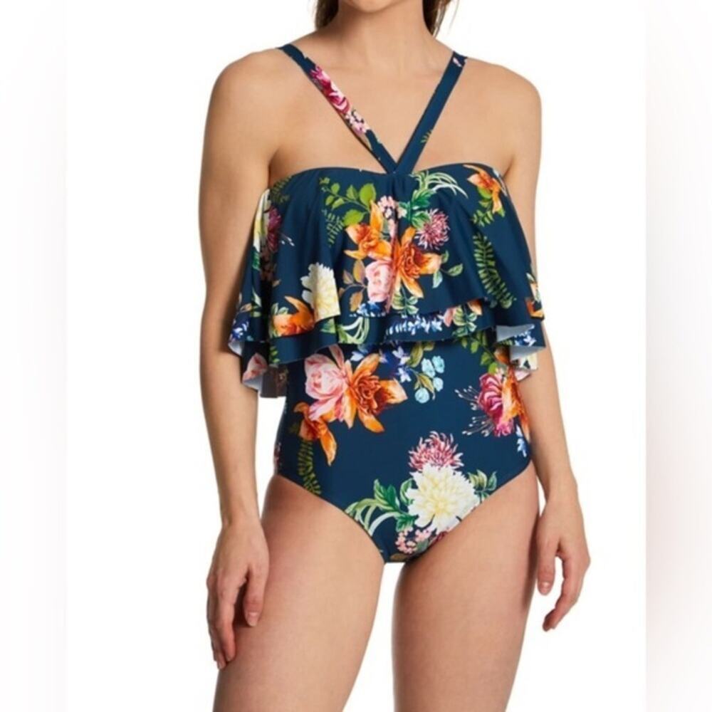 NWOT JANTZEN AZURE BLUE Floral Enchantment Clair One Piece Swimsuit SZ 20W